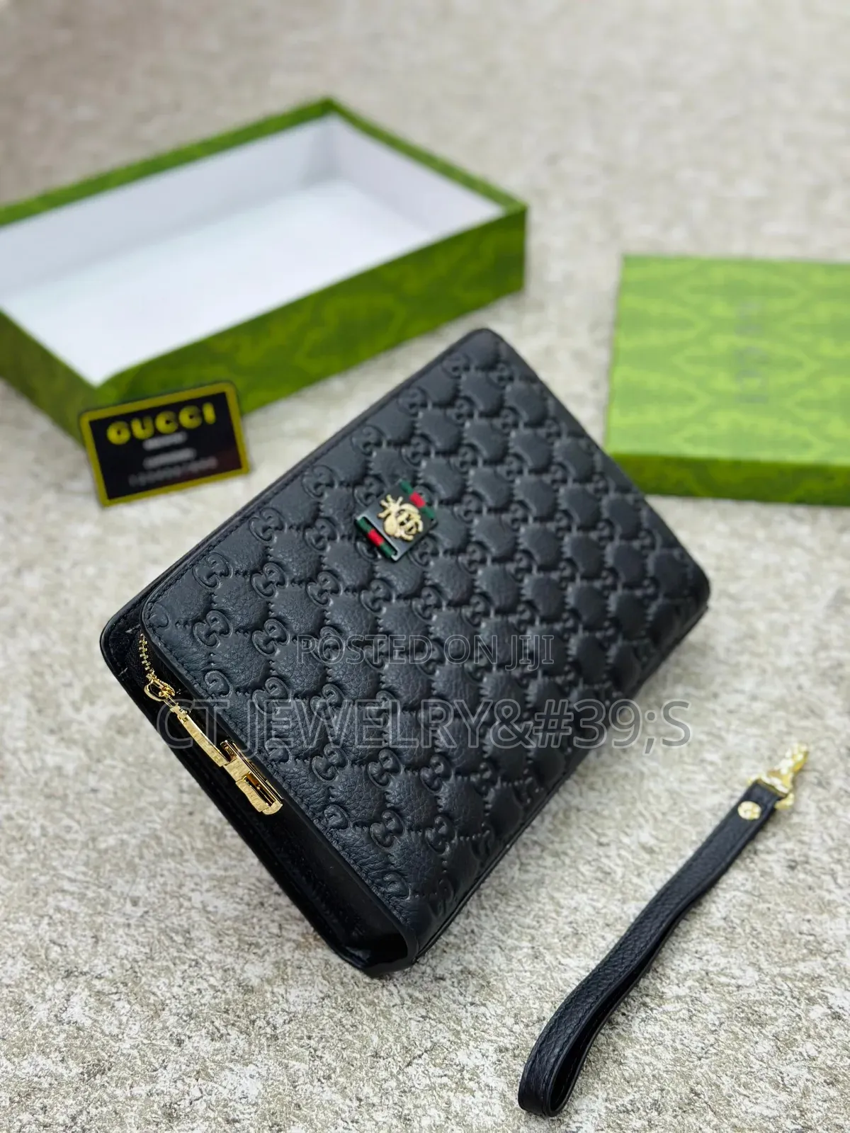 Original Designer Style Gucci Clutch Bag Black Leather, Zip With Strap