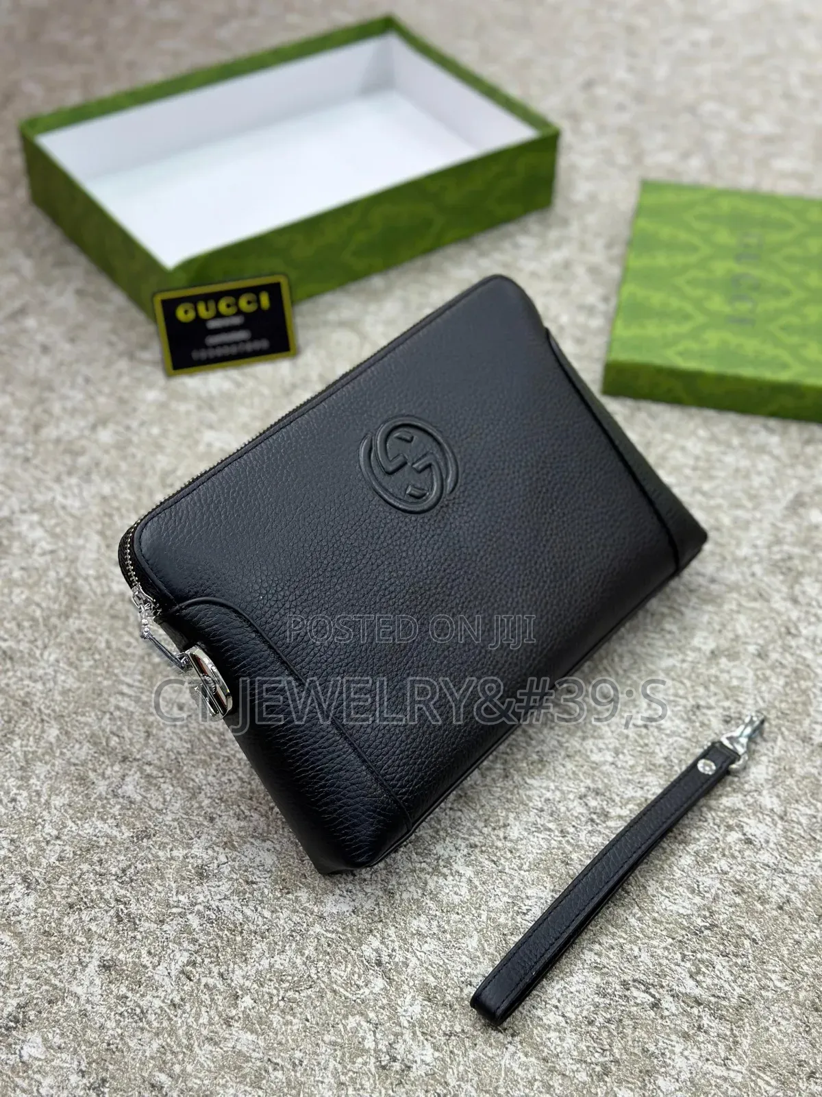 Original Designer Style Gucci Clutch Bag Black Leather, Zip With Strap