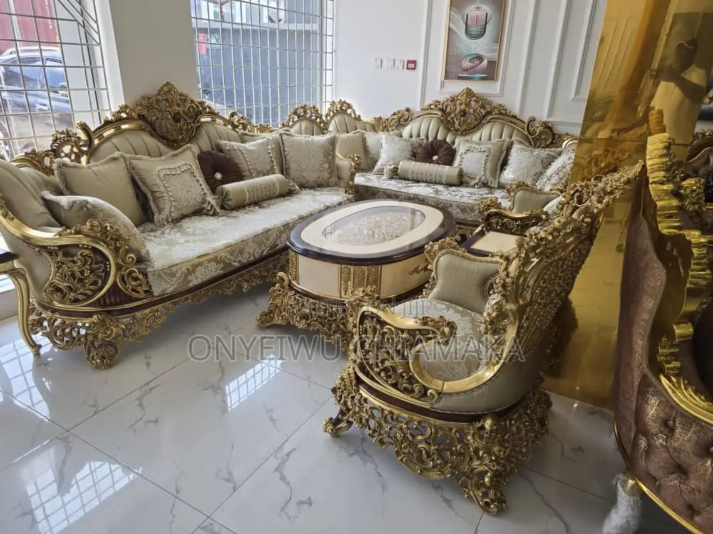 Luxury Royal Gold Upholstered Sofa Set With Classic Carved Design