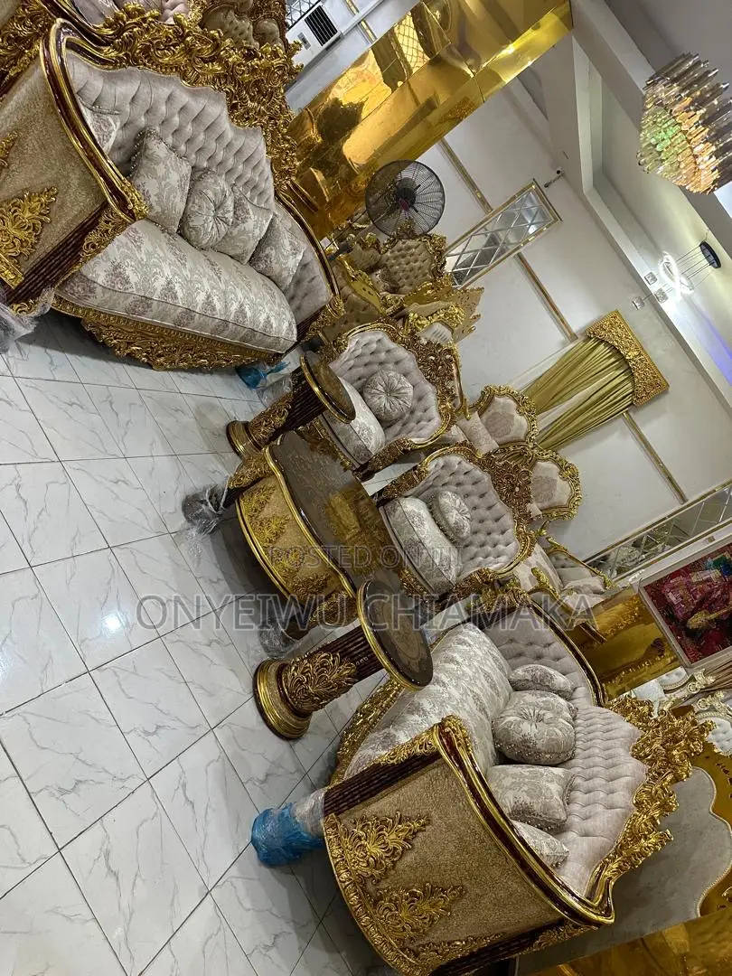 Luxury Royal Gold Upholstered Sofa Set With Classic Carved Design