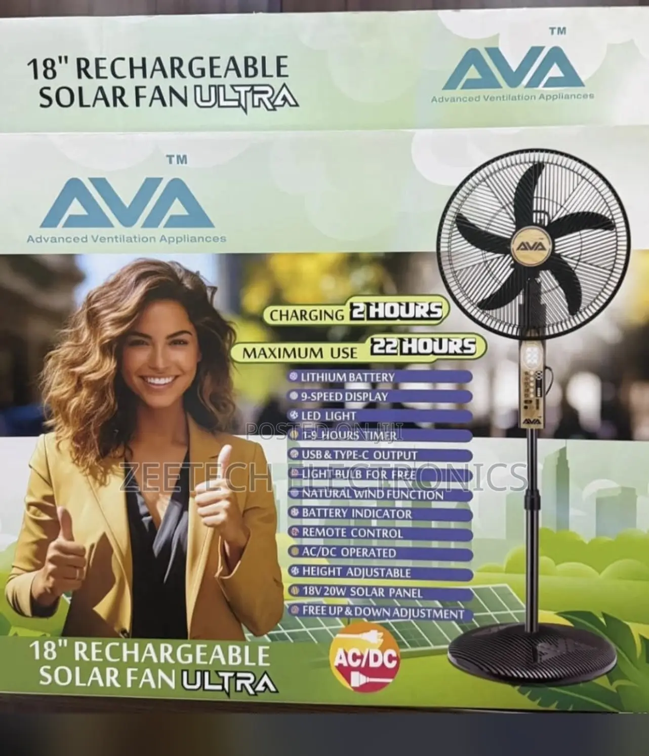 Ava 18-Inch Rechargeable Solar Standing Fan.