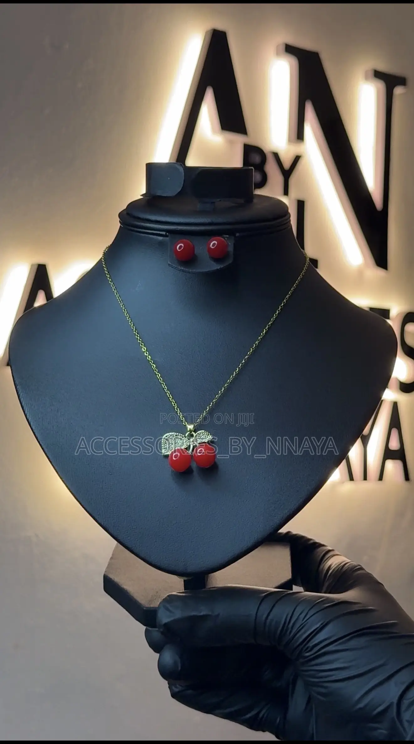 Gold Cherry Pendant Necklace Earrings Set