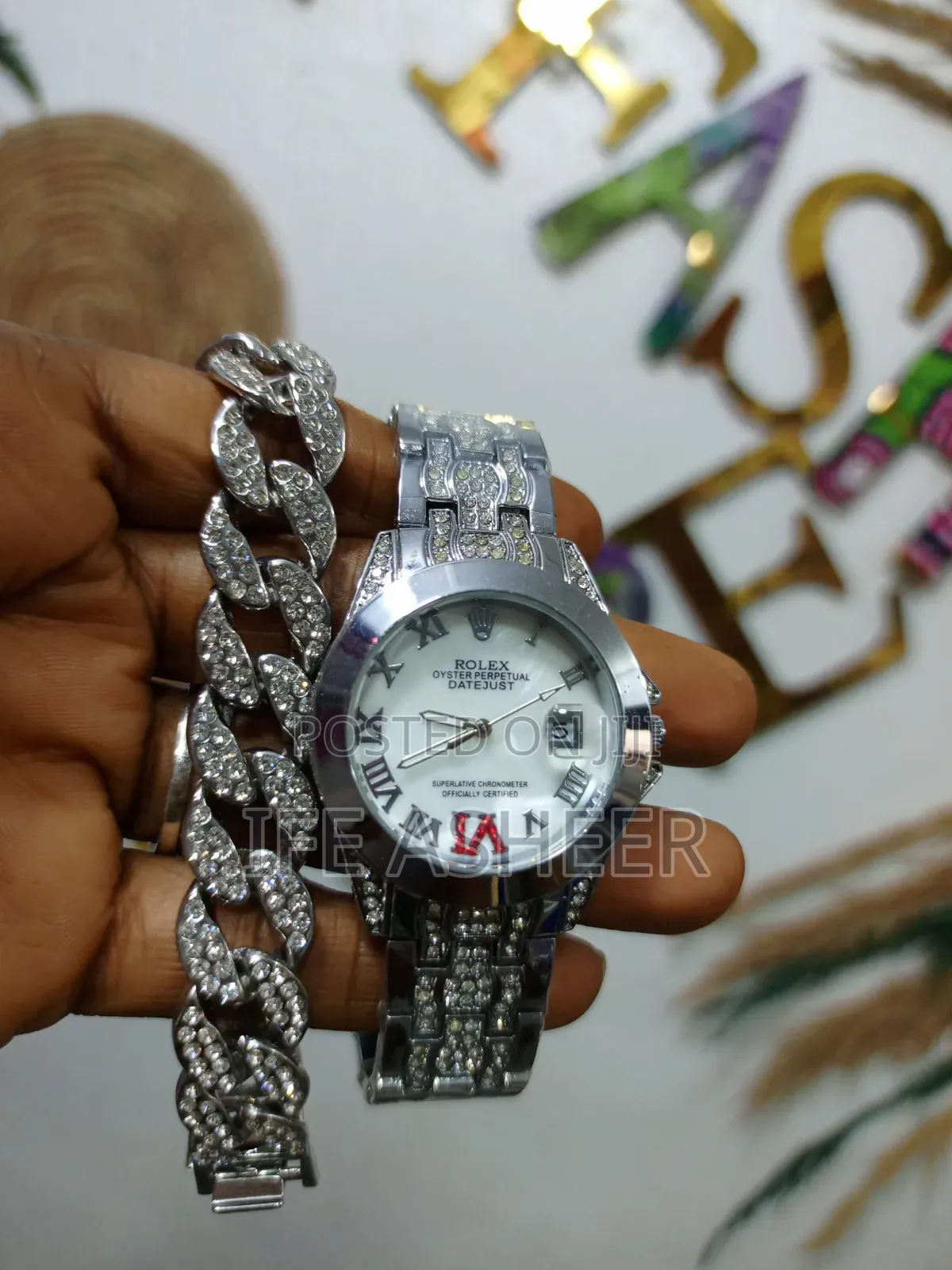 Rolex Wristwatch With Iced Bracelets - Silver