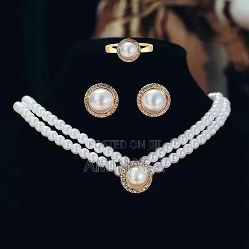 Elegant Pearl Necklace Earrings Ring Set