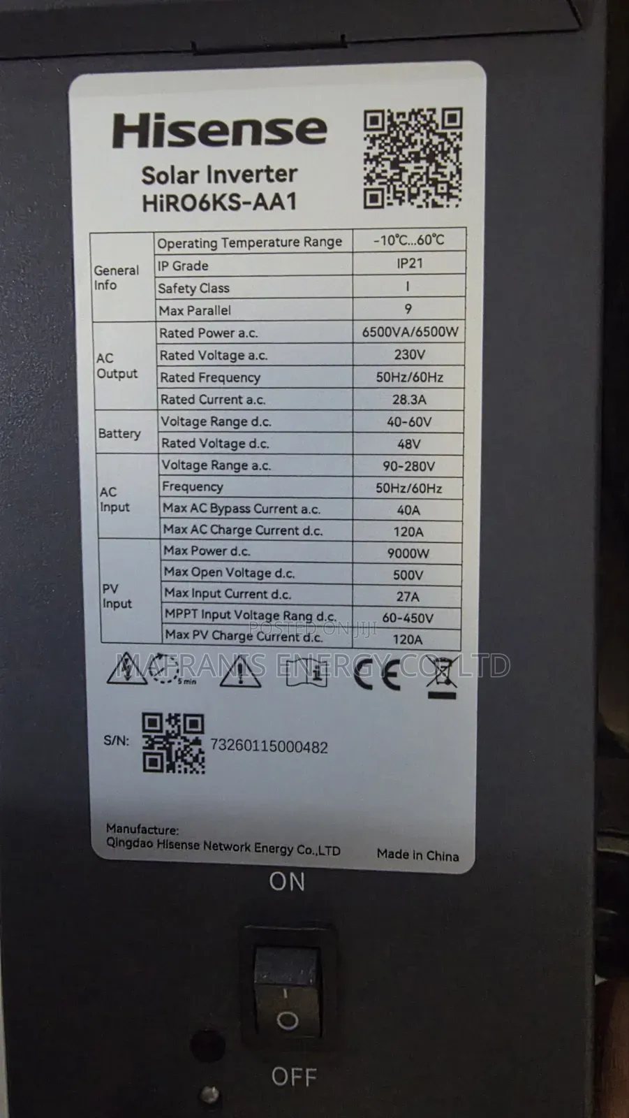 Hisence 6.5kva Hybrid Solar Inverter
