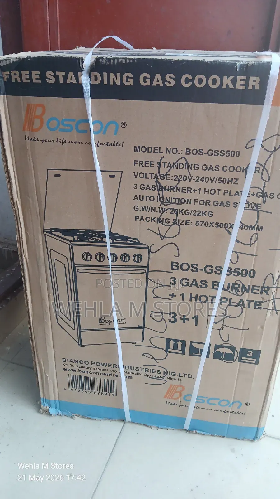 Boscon Standing Gas Cooker (3b+1e) - Bosgss500