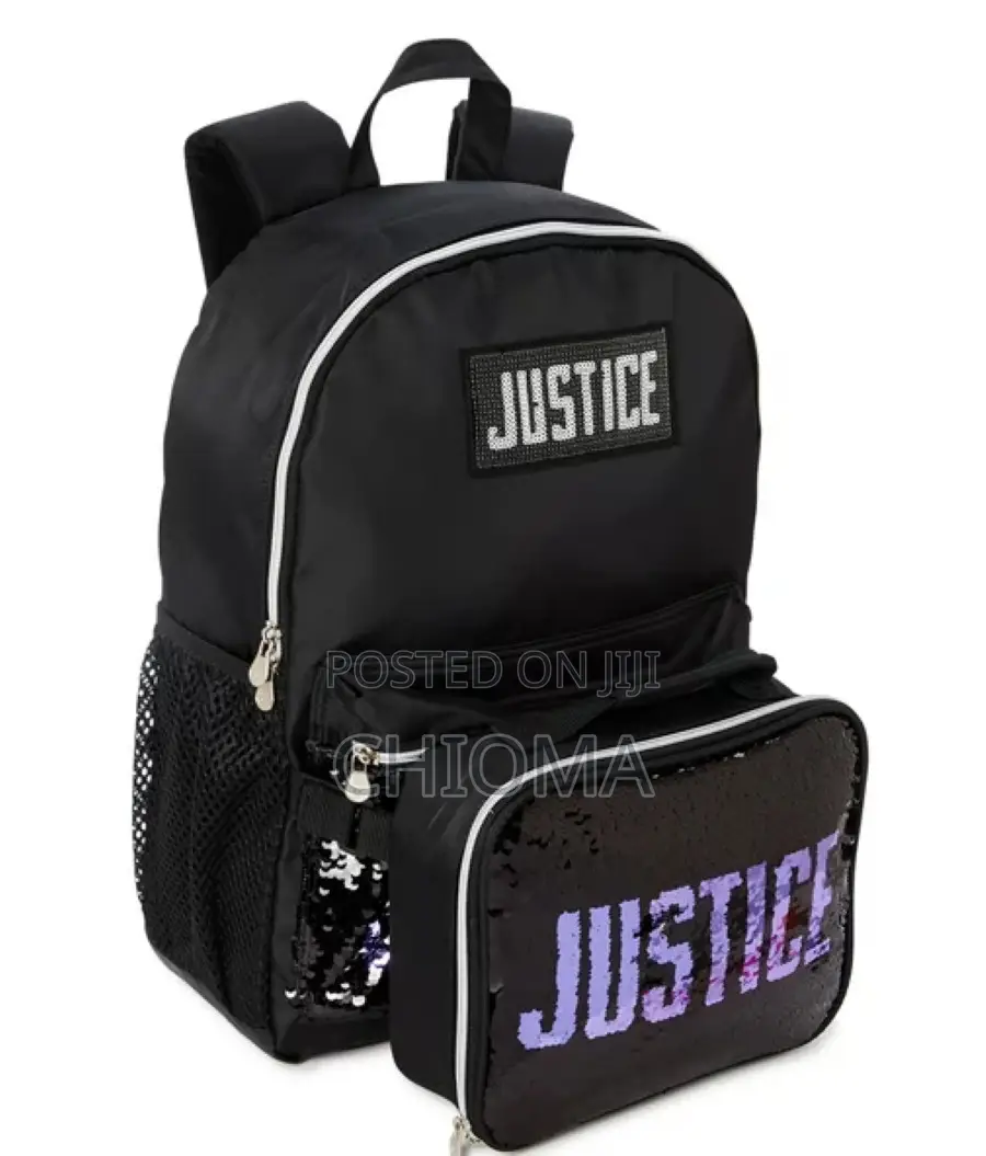 Justice Backpack Girls Purple Black Sequins Backpack Lunch Tote