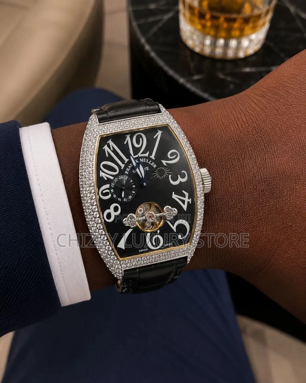 Franck Muller Quality Luxury Men Iced Face Genuine Leather Wristwatch