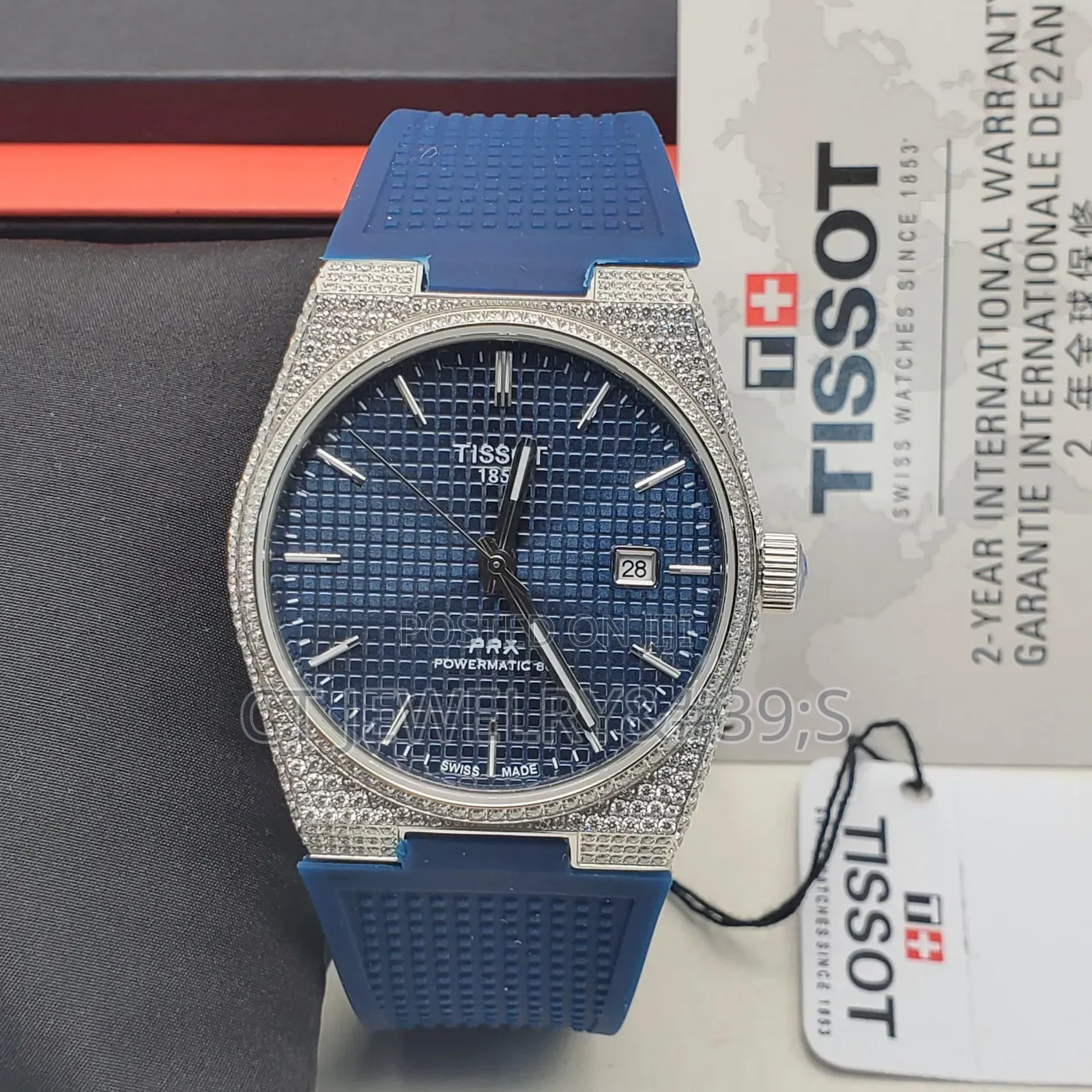Tissot PRX Iced Out Watch Blue Rubber Strap, Auto, Luxury Men's Watch
