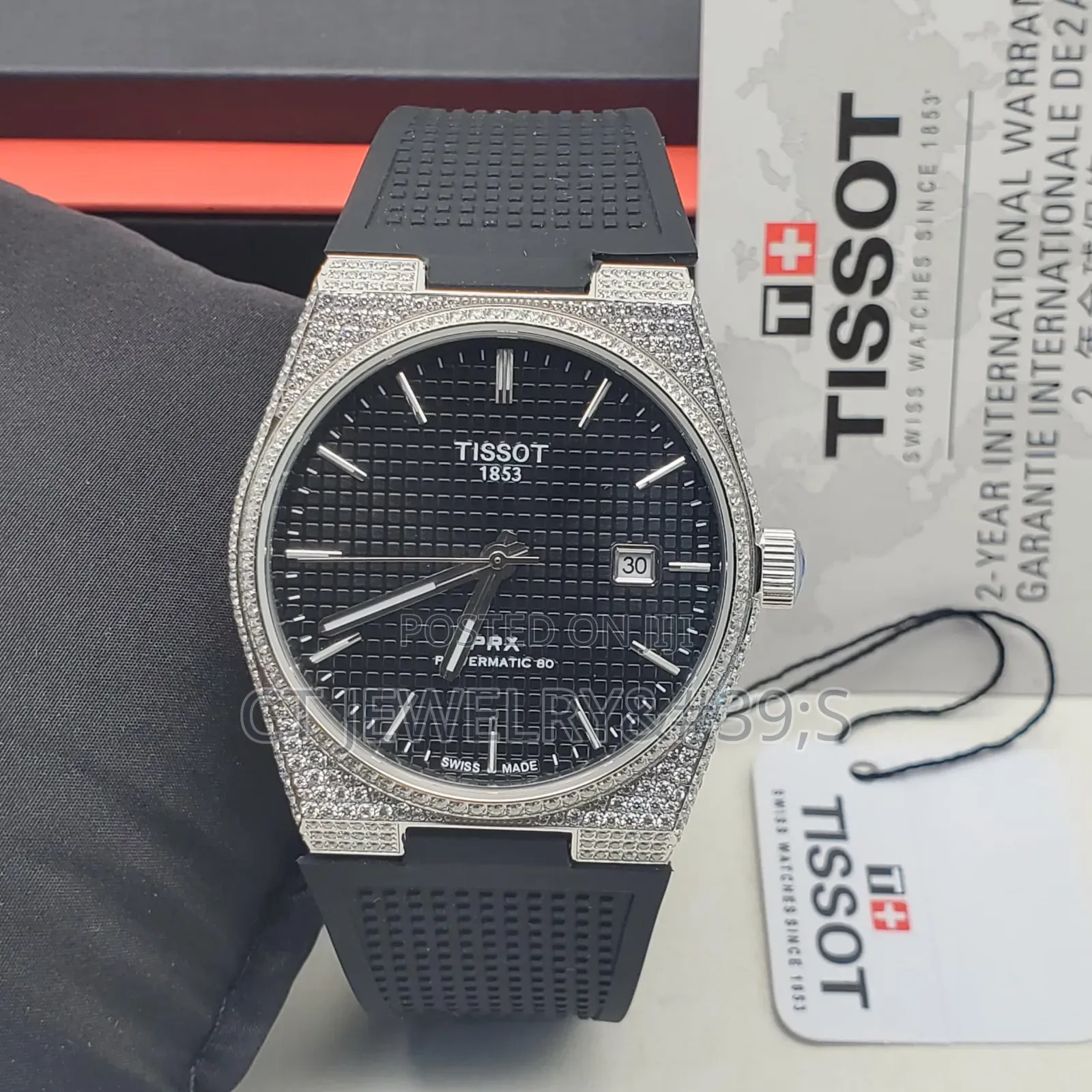 Tissot PRX Iced Out Watch Blue Rubber Strap, Auto, Luxury Men's Watch