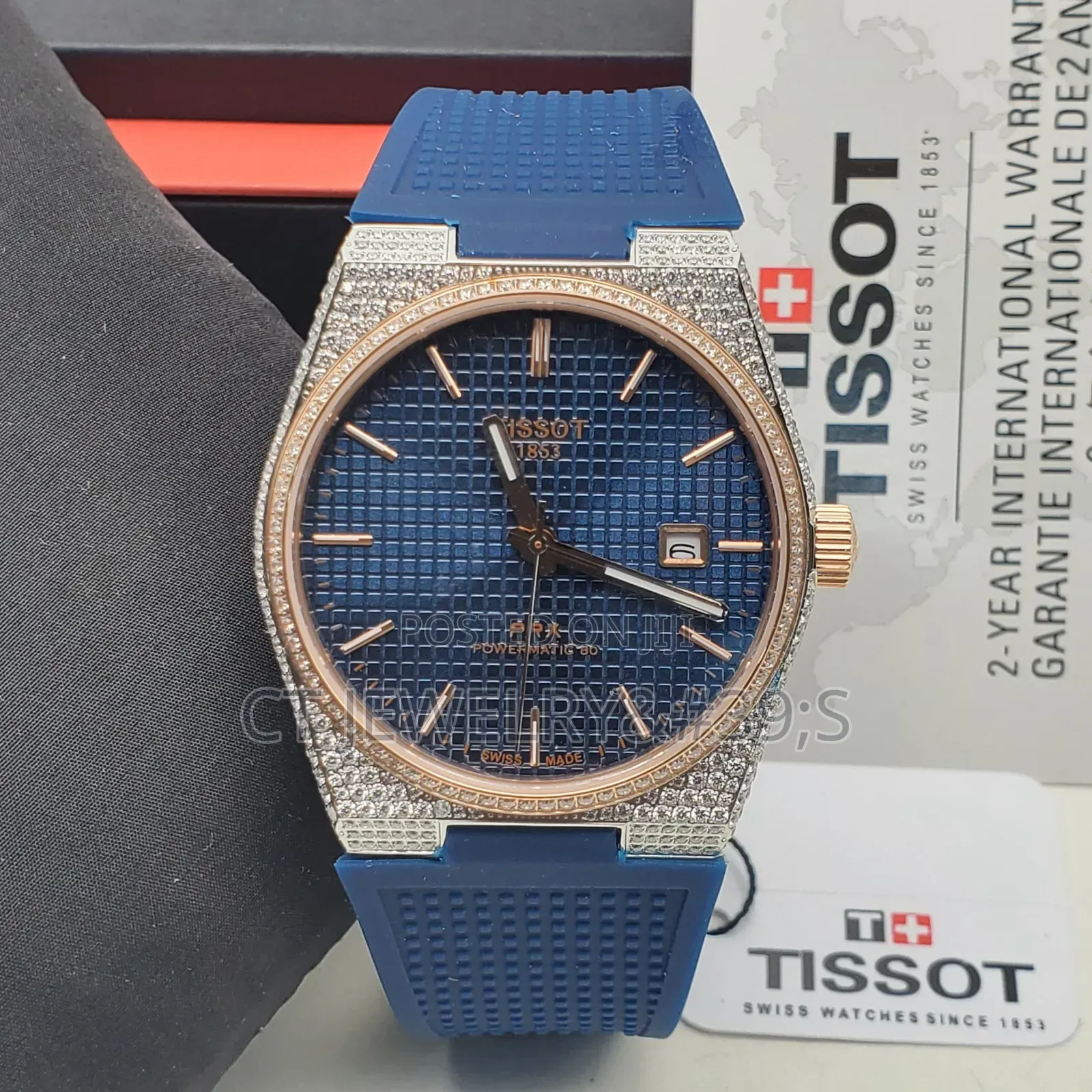 Tissot PRX Iced Out Watch Blue Rubber Strap, Auto, Luxury Men's Watch