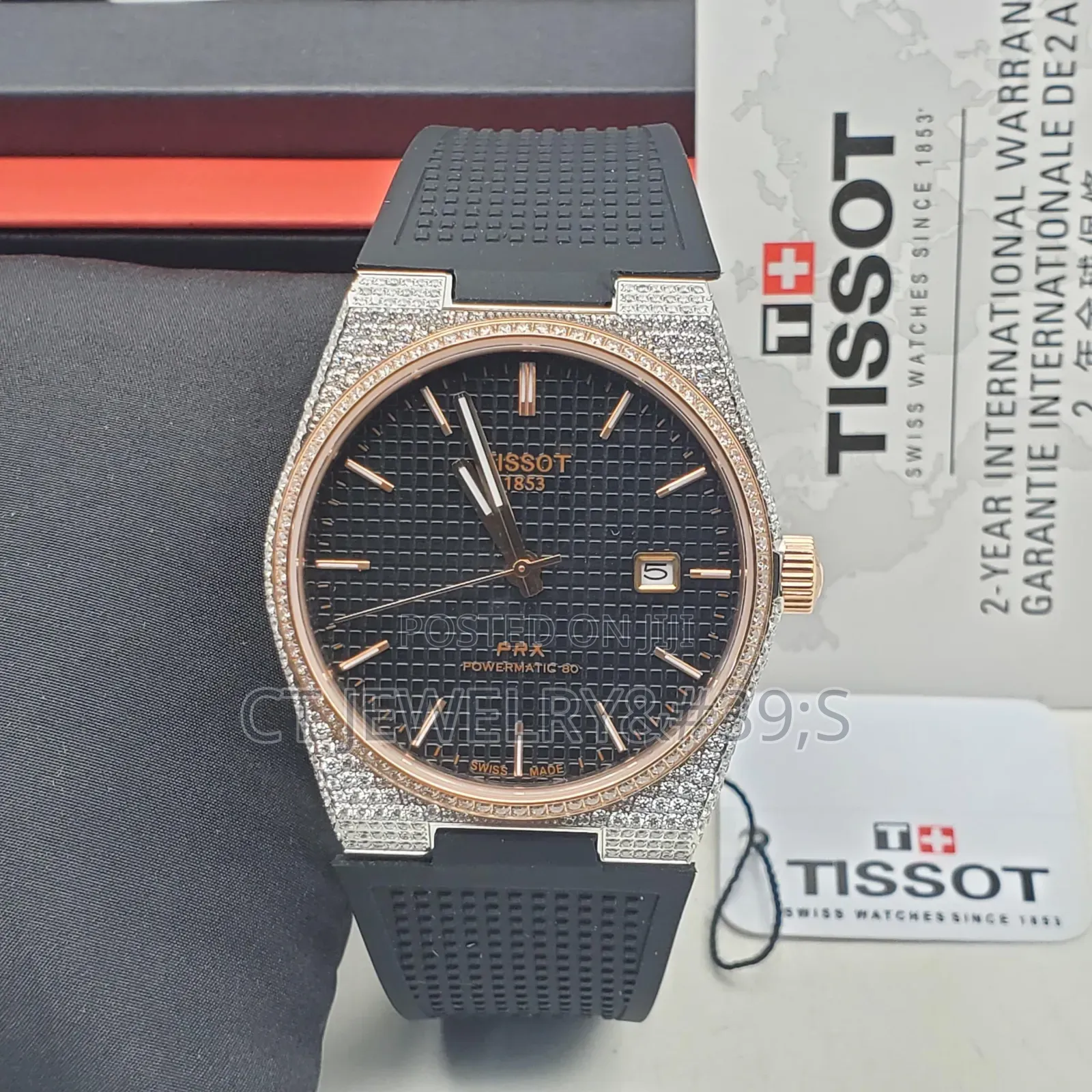 Tissot PRX Iced Out Watch Blue Rubber Strap, Auto, Luxury Men's Watch