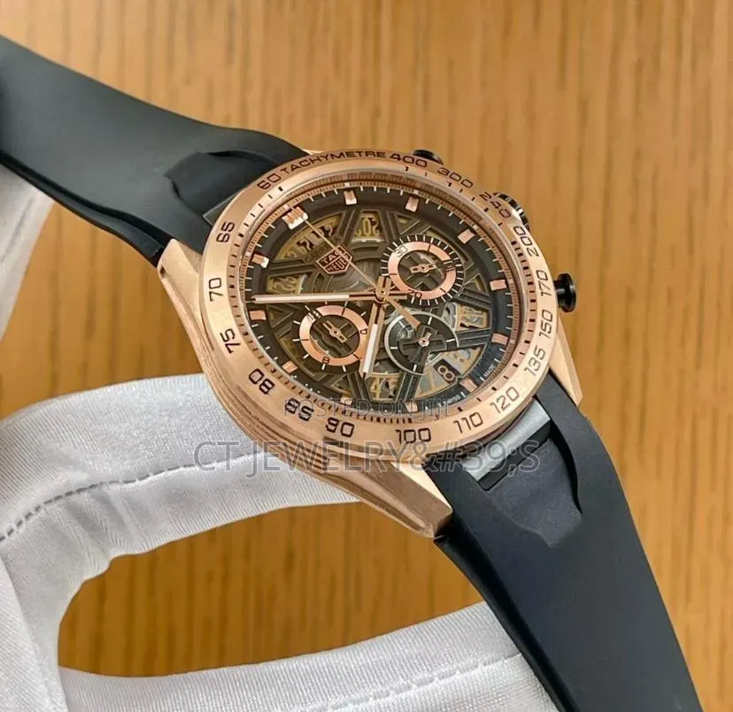 Luxury Rose Gold Chronograph Watch Black Rubber Strap, Sporty Design