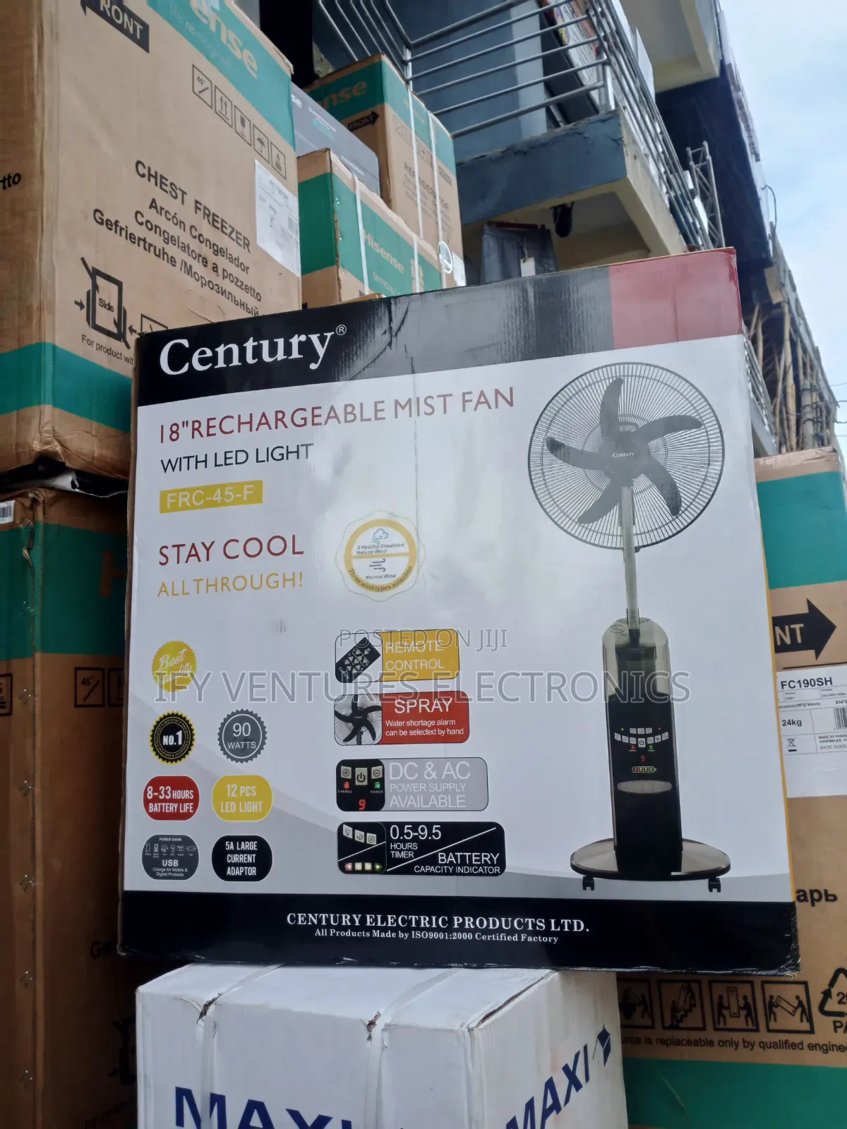 18" Century Rechargeable Water Mist Fan, Black Color With One Battery