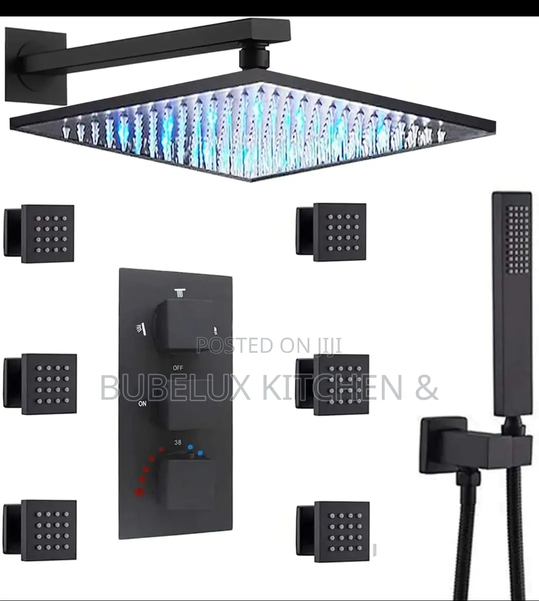 Thermostatic Shower Set –Led Rainfall Head + Hand Shower + Body Sprays