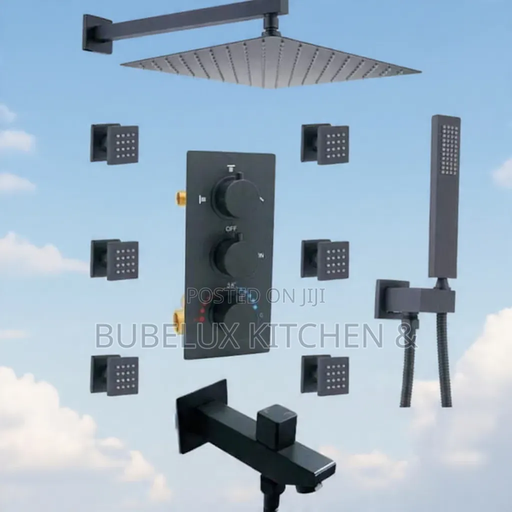 Matte Black 3way Thermostatic Shower System–Rainfall Head,Body Jets.