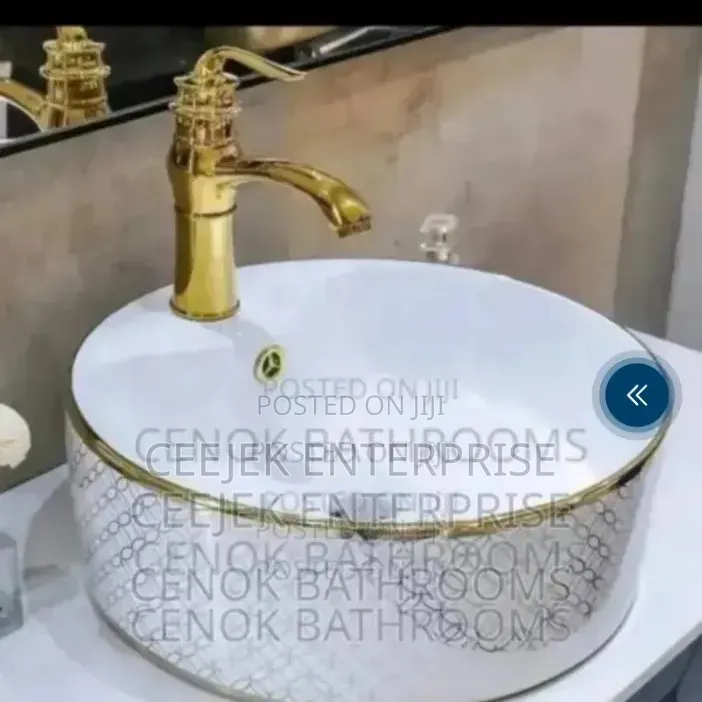 White and Gold Cantertop Basin With Tap Hole