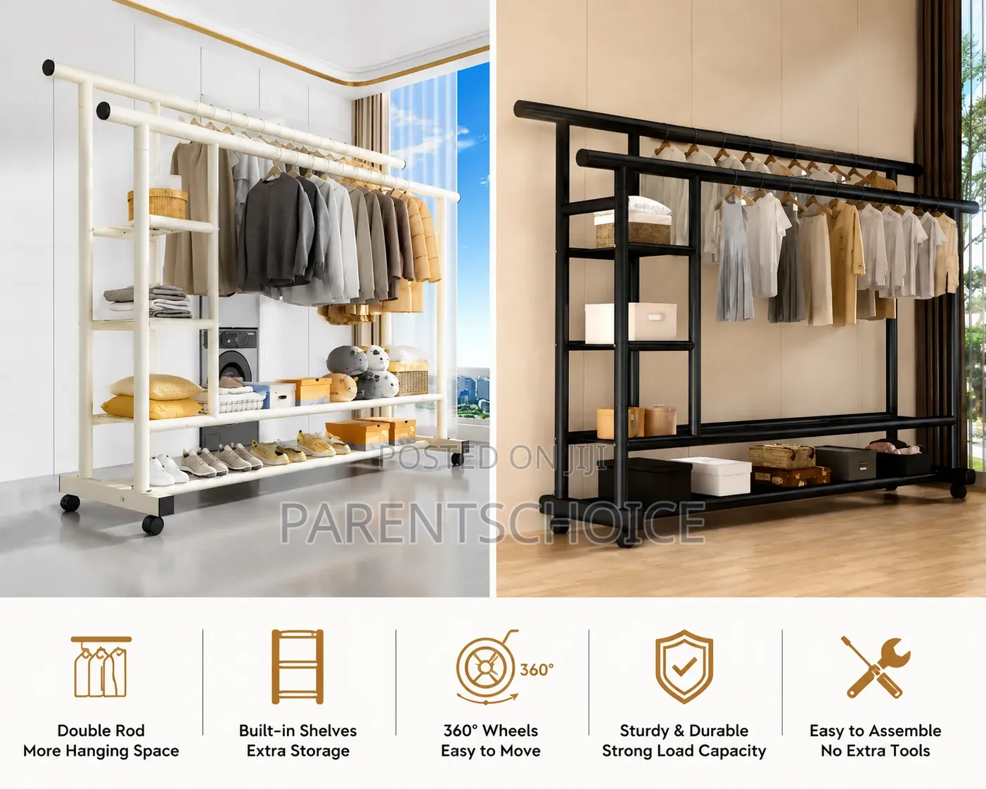 Heavy Duty Cloth Hanger Rack With Shelves Wheels