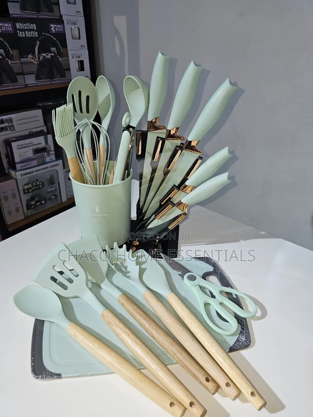 19-Piece Silicone Spoon Set With Matching Knives and Chopping Board