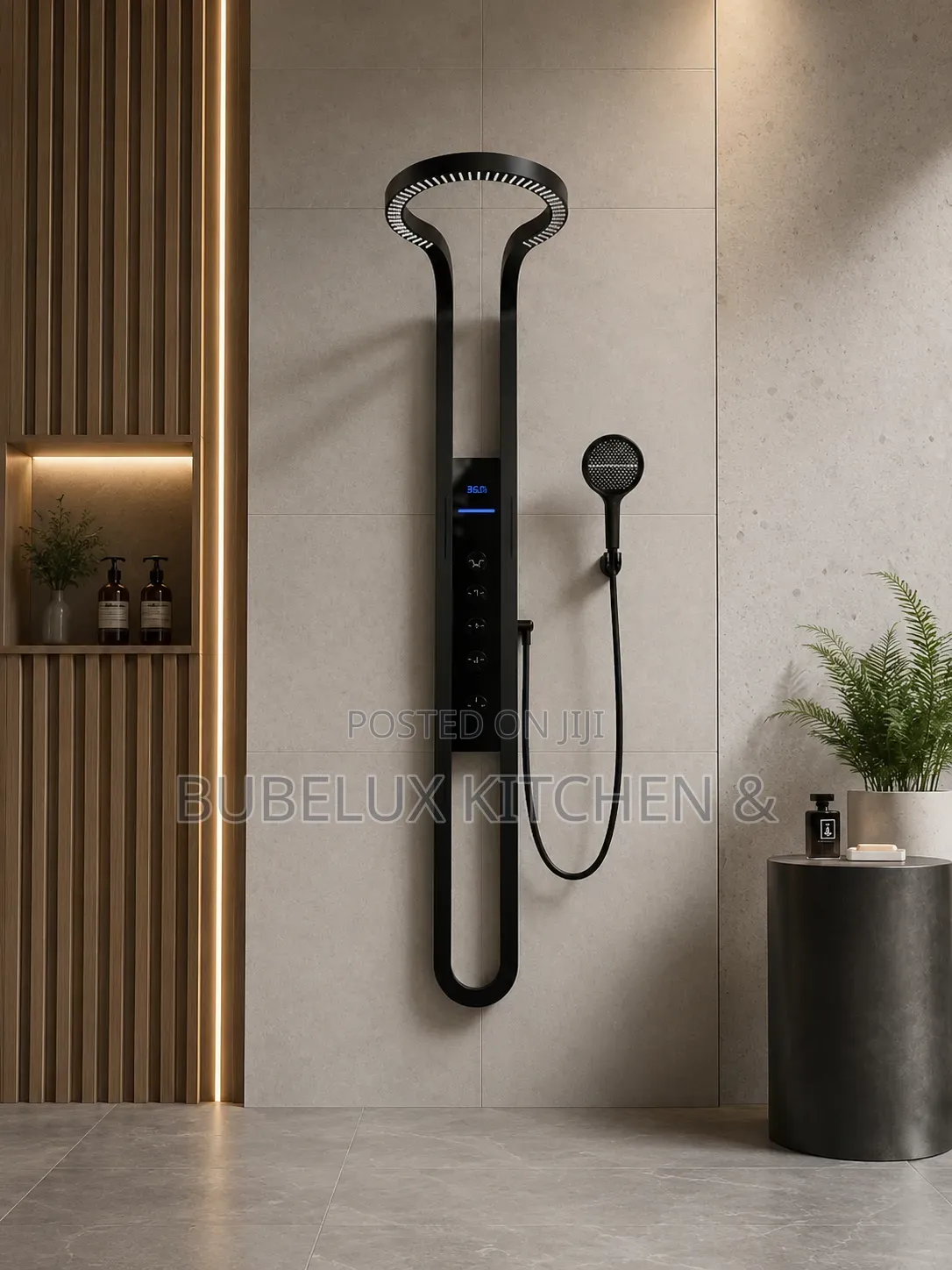 Luxury Black Shower Column - Halo Rain Head, Led Temp Display,