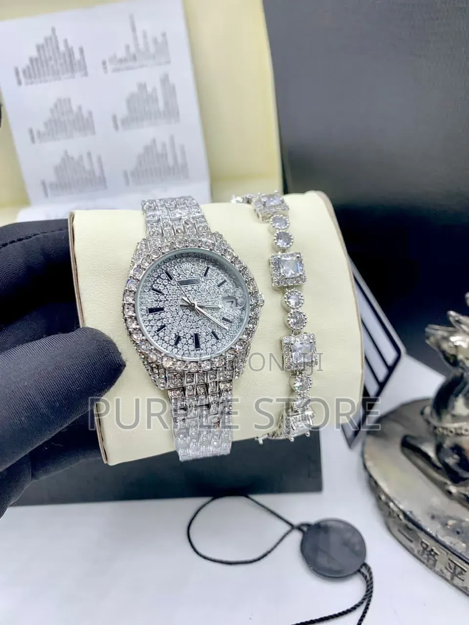 Rolex Ladies Iced-Watch and Stone Bracelet Set