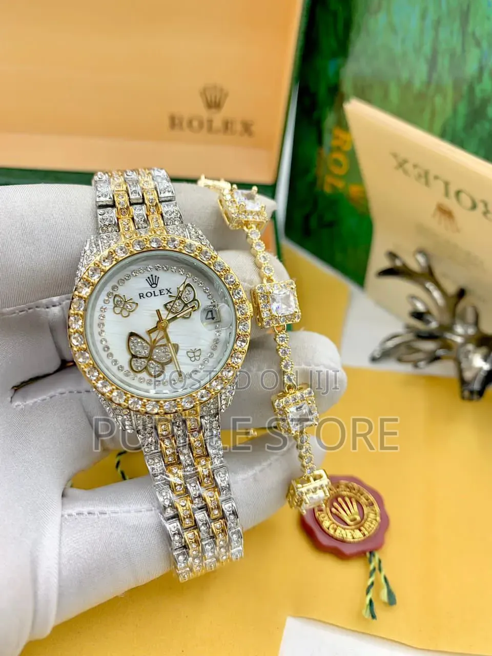 Rolex Ladies Iced-Watch and Stone Bracelet Set