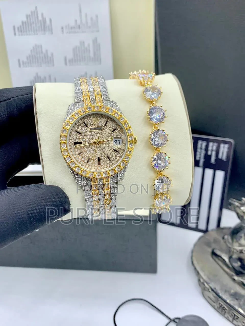 Rolex Ladies Iced-Watch and Stone Bracelet Set