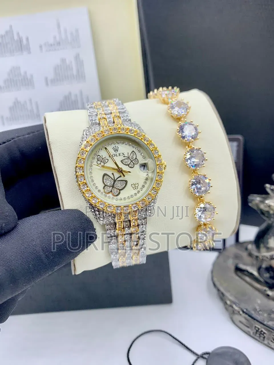 Rolex Ladies Iced-Watch and Stone Bracelet Set