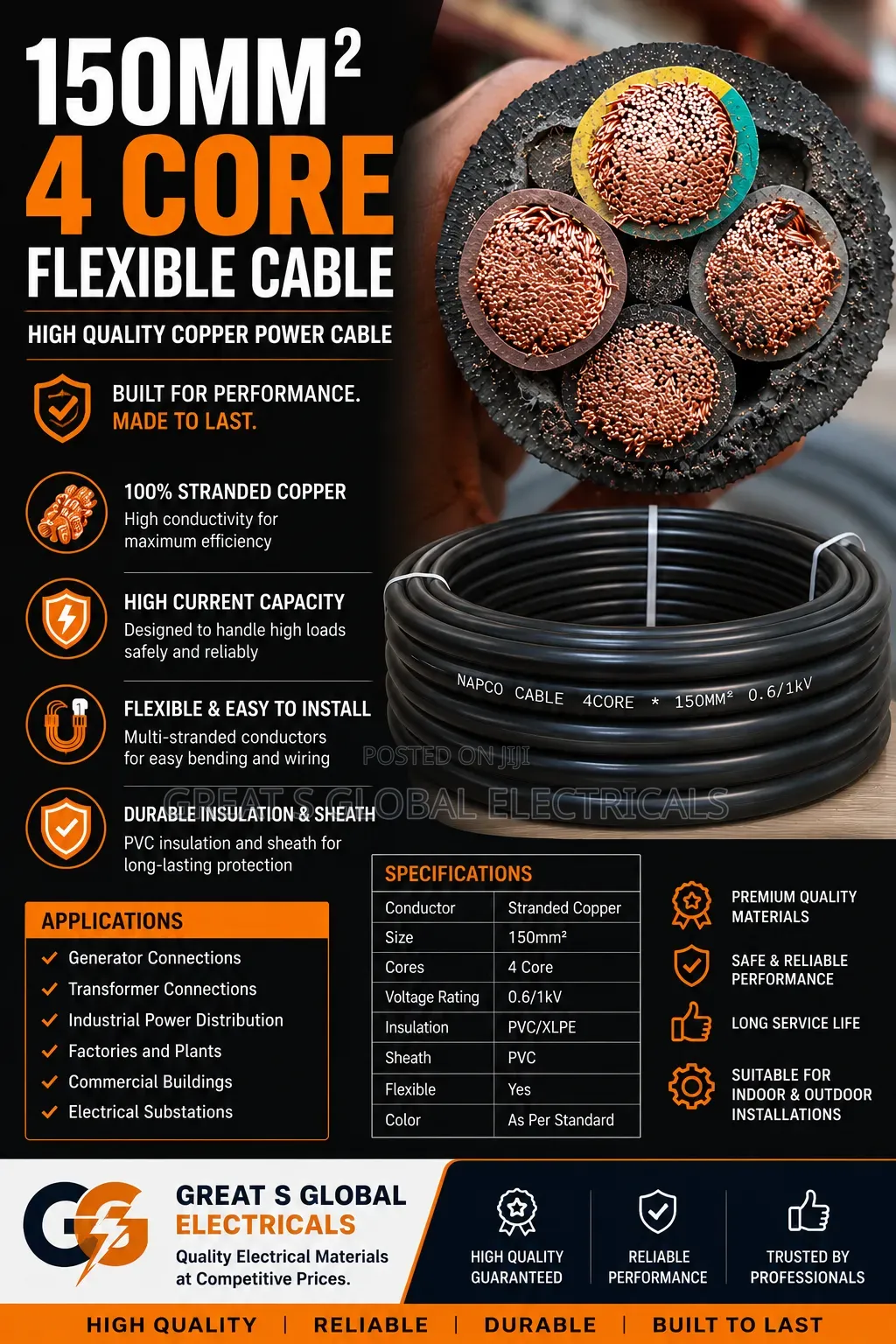 150mm2 4 Core Flexible Copper Cable
