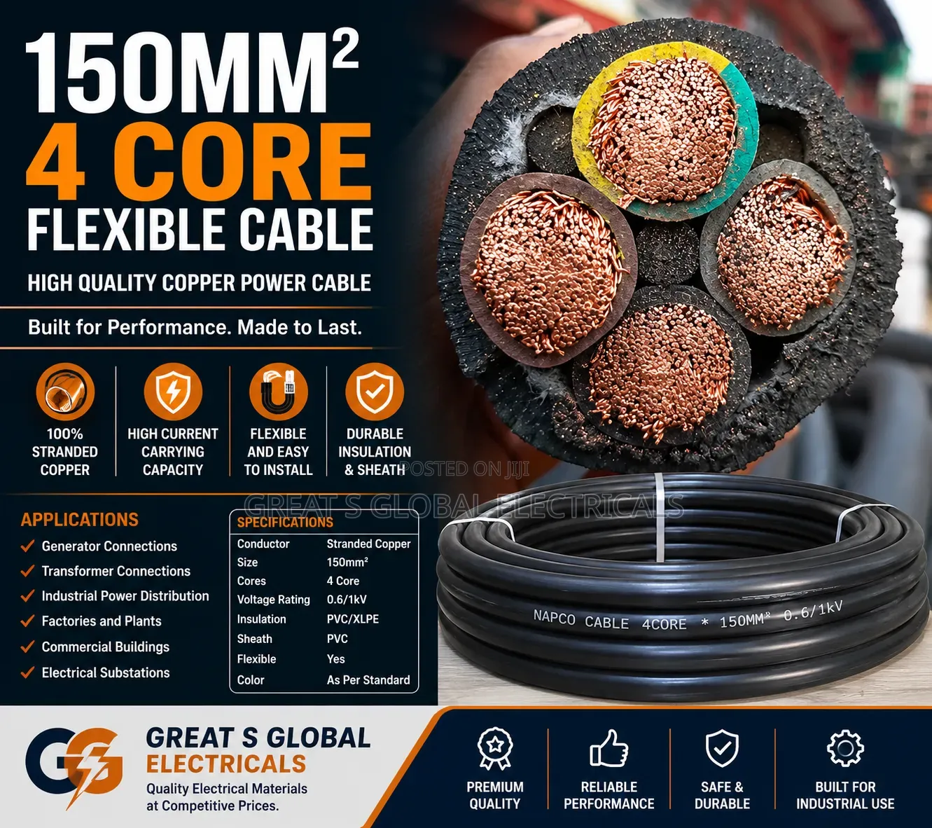 150mm2 4 Core Flexible Copper Cable
