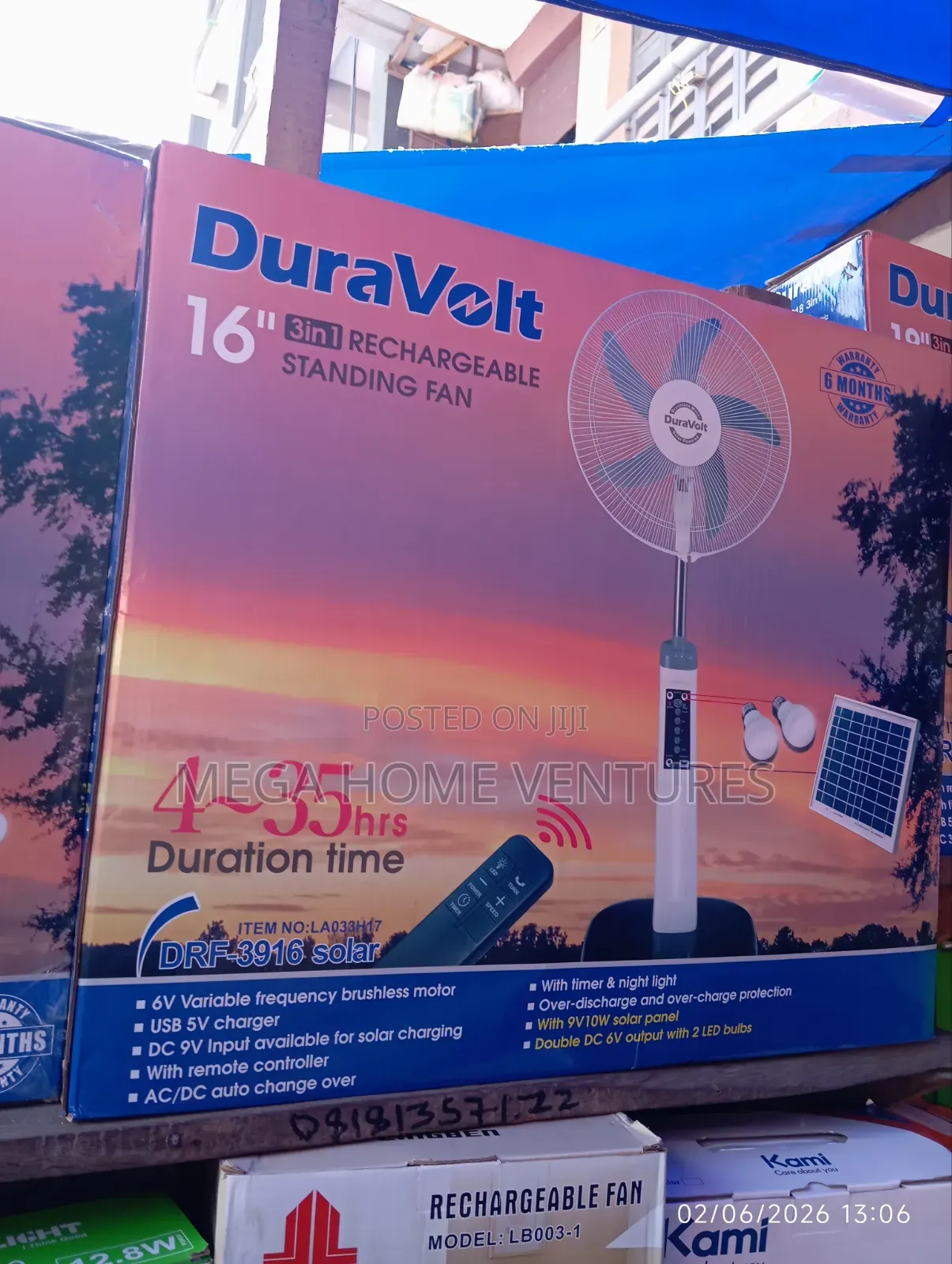 Duravolt Solar 16" 3in1 Rechargable Standing Fan