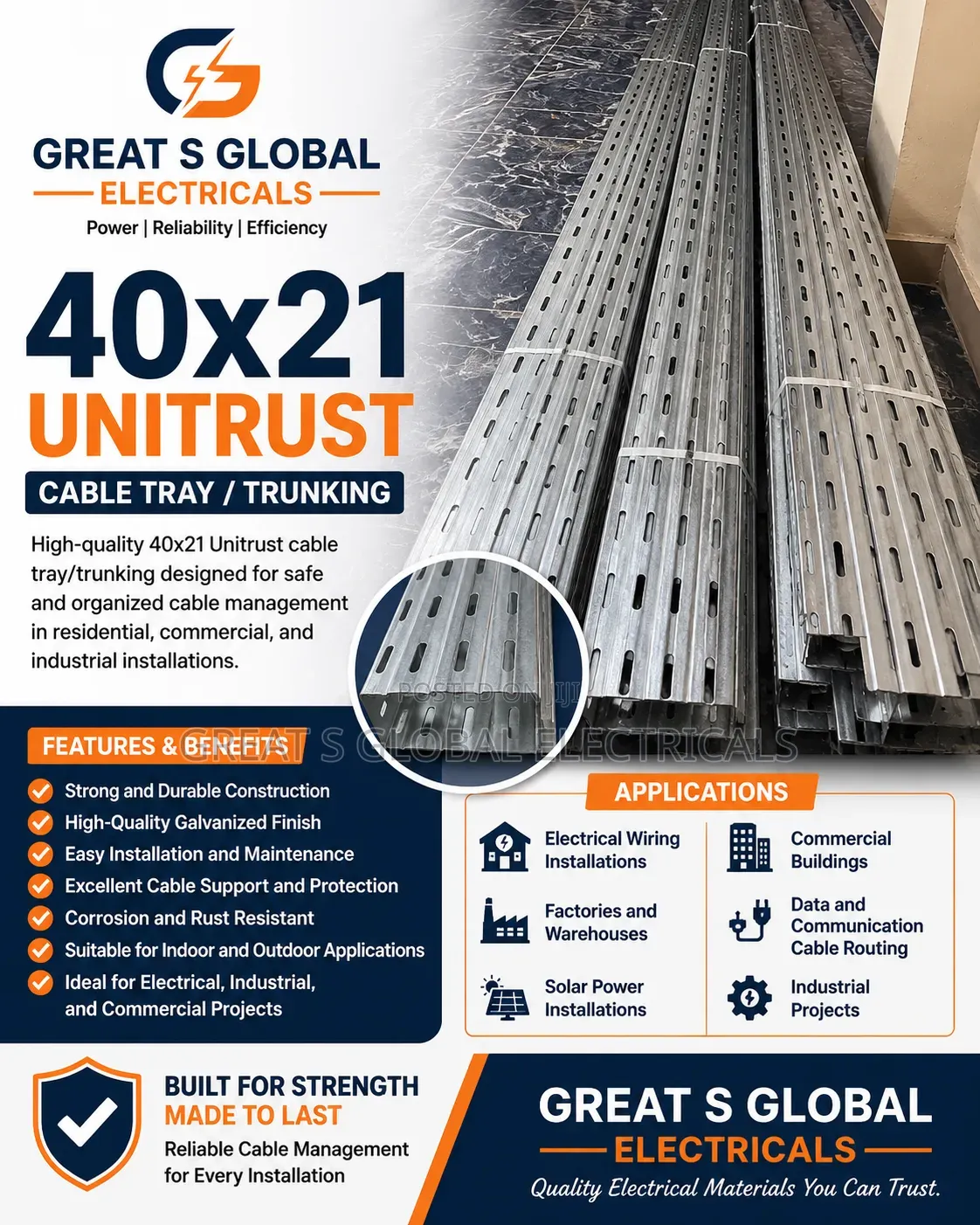 40x21 Unistrut Cable Tray / Cable Trunking