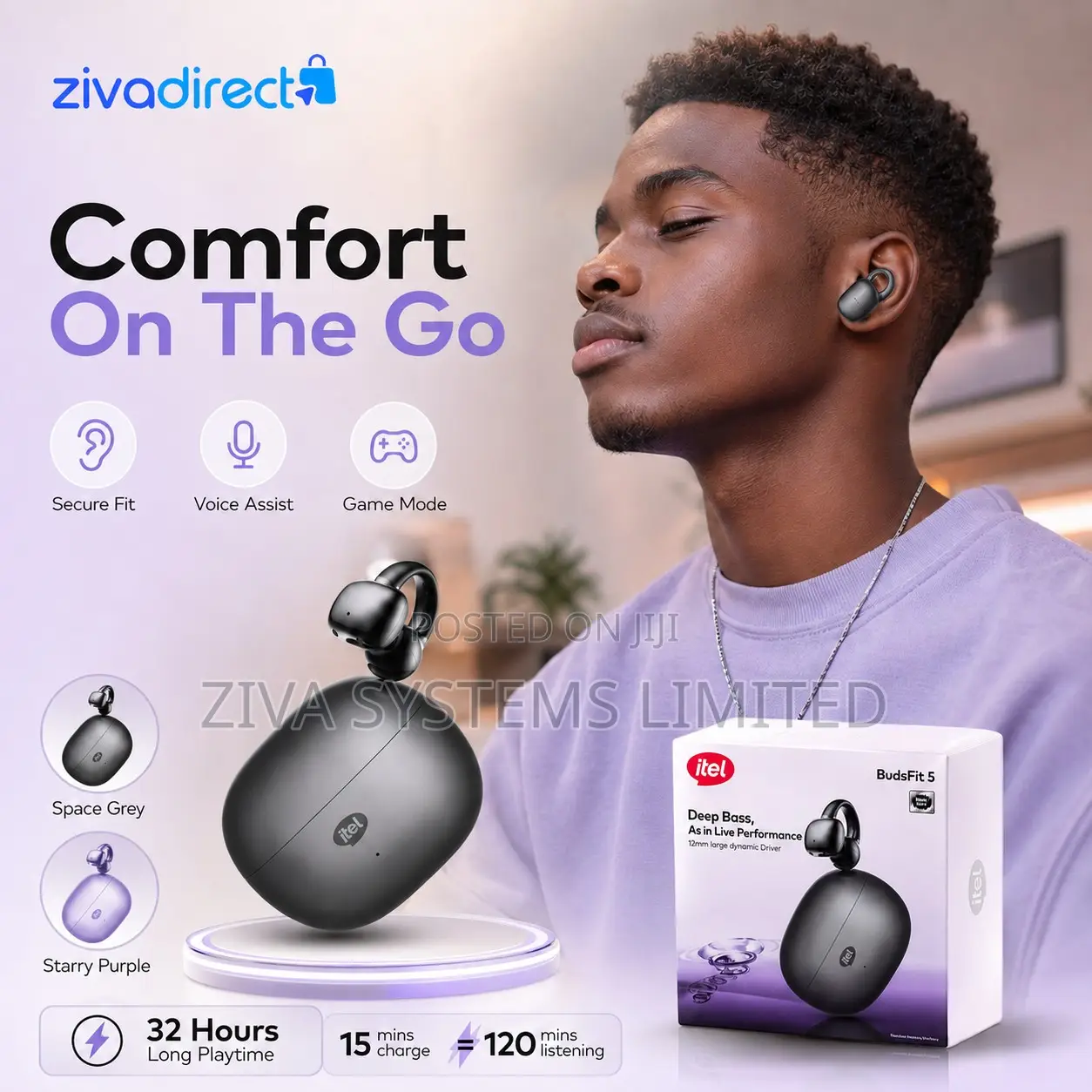 Itel Budsfit 5 Wireless Earbuds – 32h Playtime, Deep Bass, Fast Charge