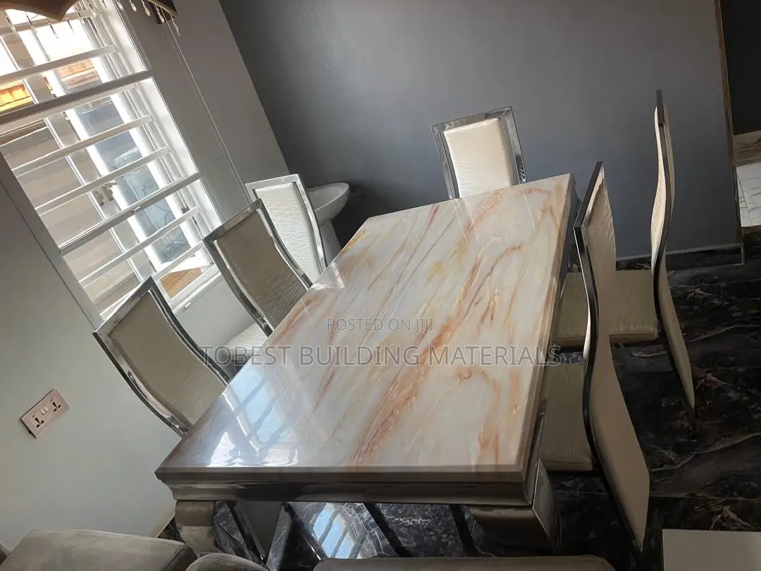 Luxury 6-Seater Marble-Top Dining Set With Chrome Chairs