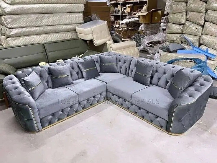 Luxury Grey Velvet L-Shaped Sectional Sofa With Gold Trim