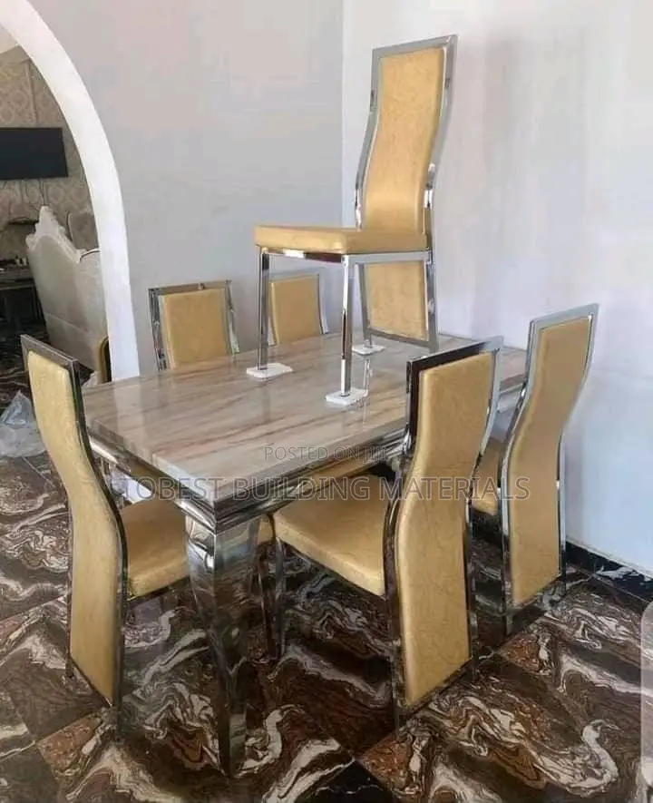 Luxury 6-Seater Faux Marble Dining Set With Chrome Chairs