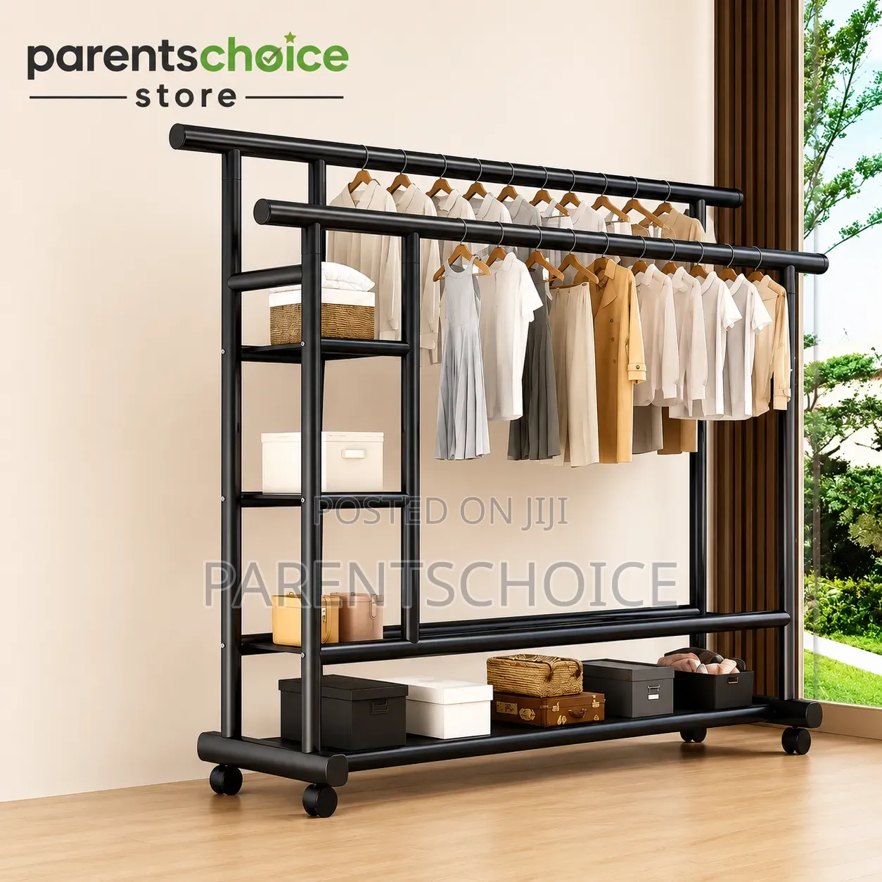 Heavy Duty Cloth Hanger Rack With Shelves Wheels
