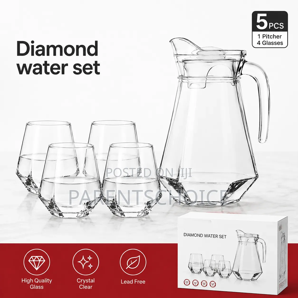 Glass Diamond Water Set – 5 Pieces