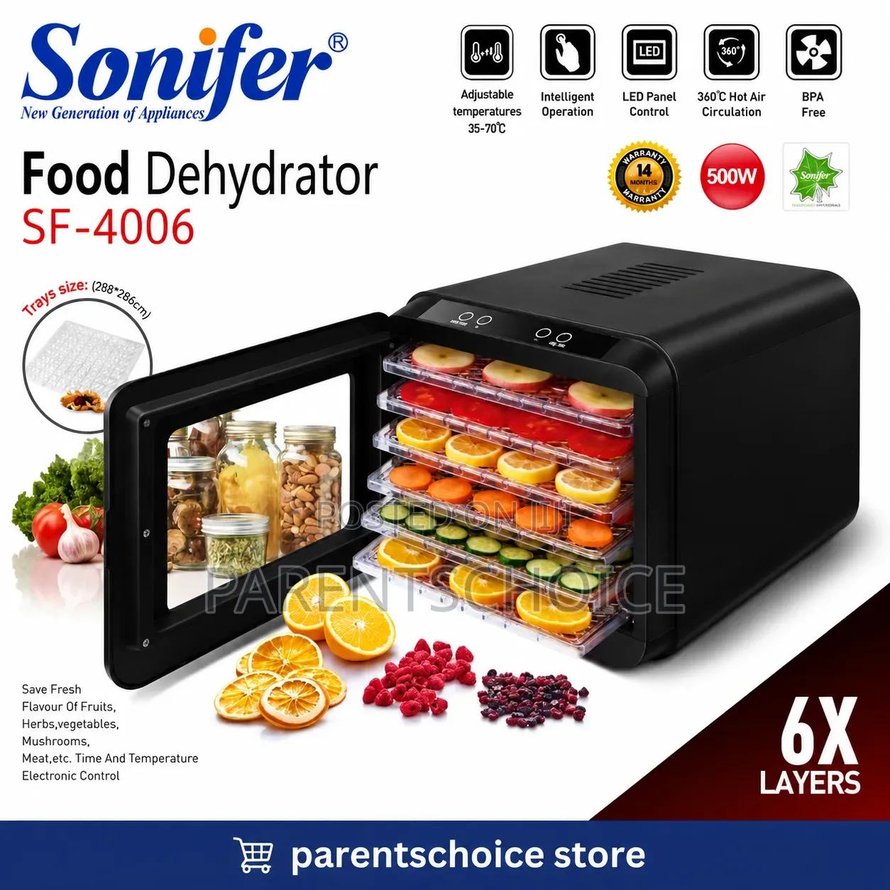 6 Trays Hot Air Drying Heat Digital Electric Food Dehydrator Machine