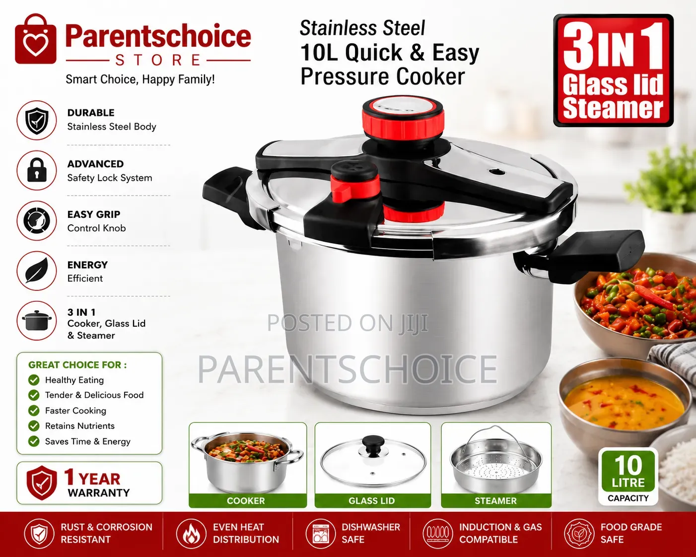 Prestige 3-in-1 Stainless Steel Pressure Cooker – 10l