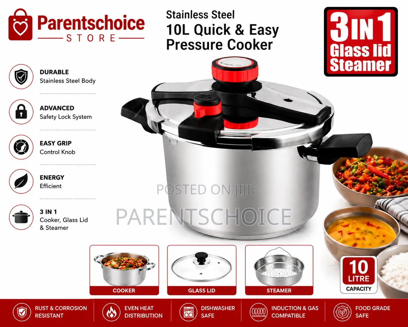 Prestige 3-in-1 Stainless Steel Pressure Cooker – 10l