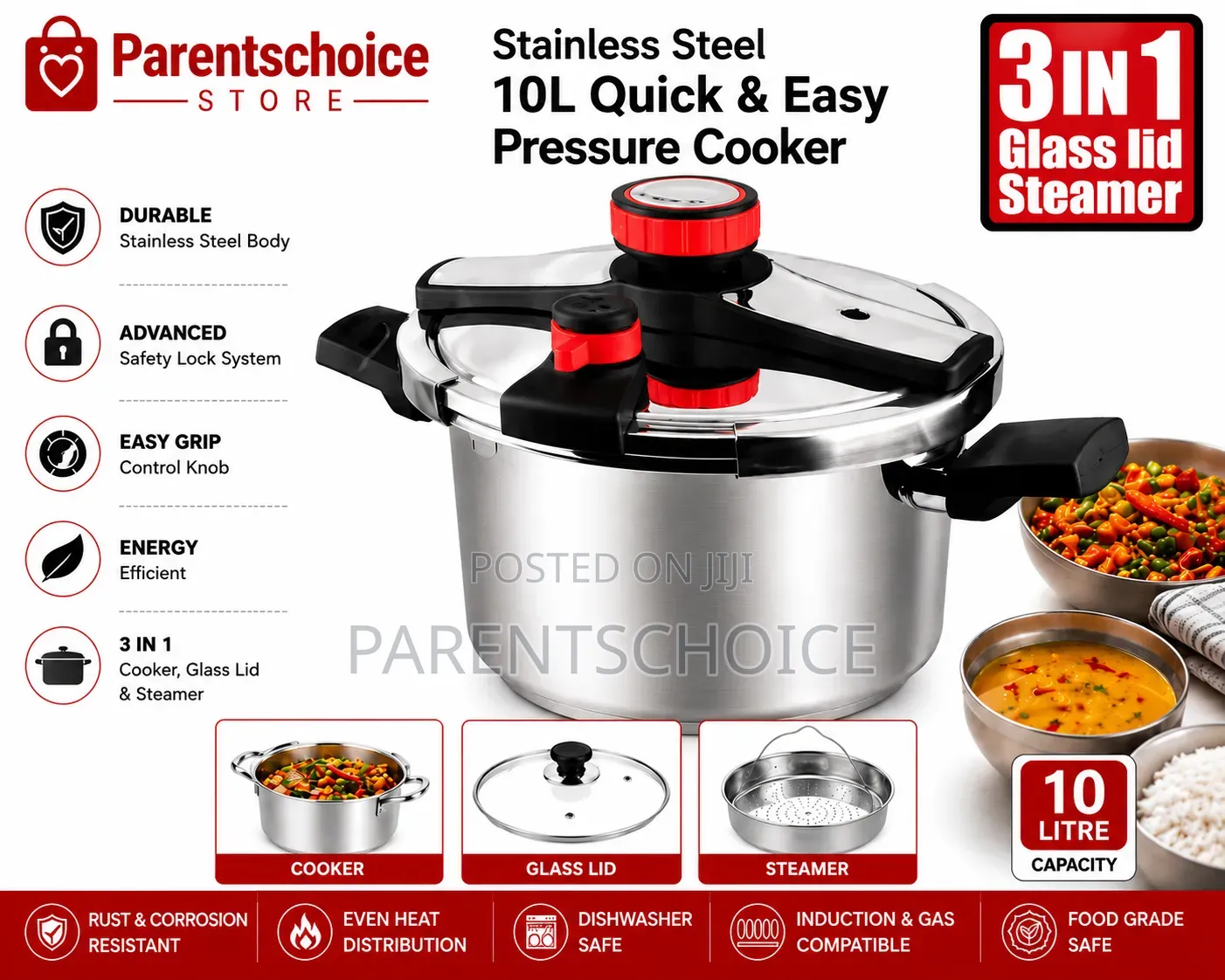 Prestige 3-in-1 Stainless Steel Pressure Cooker – 10l