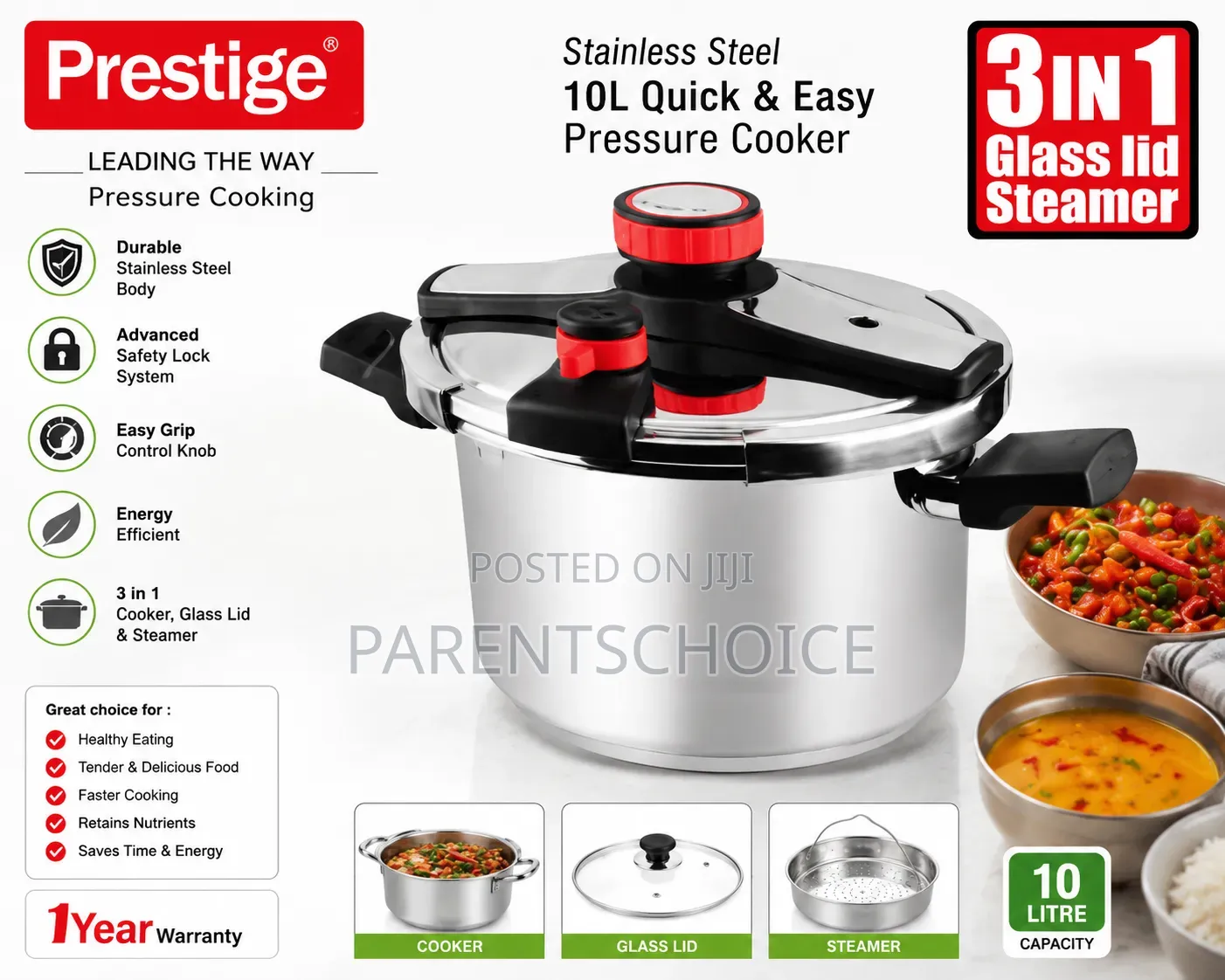 Prestige 3-in-1 Stainless Steel Pressure Cooker – 10l