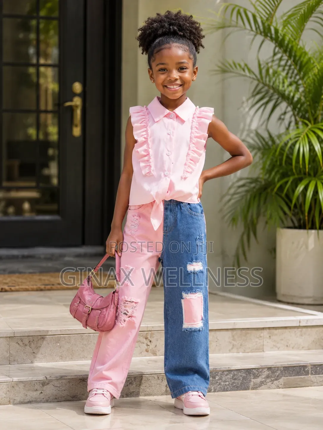 Pink Sleeveless Top With Color-Blocking Ripped Jeans Set for Girls