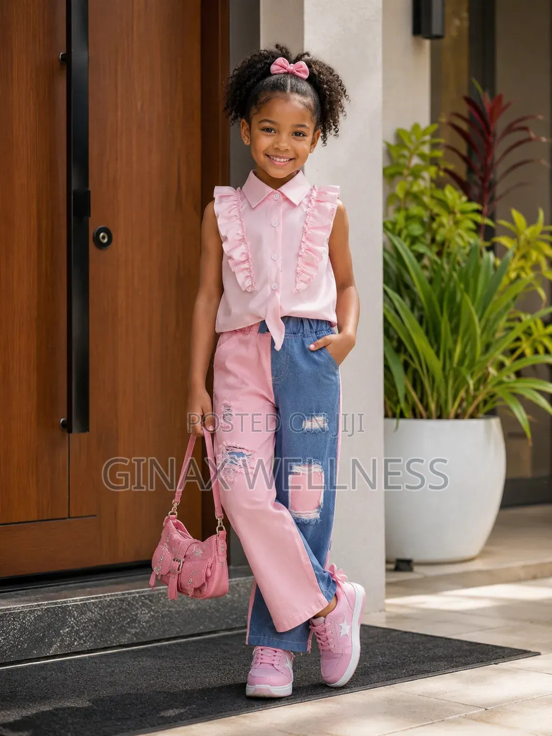 Pink Sleeveless Top With Color-Blocking Ripped Jeans Set for Girls