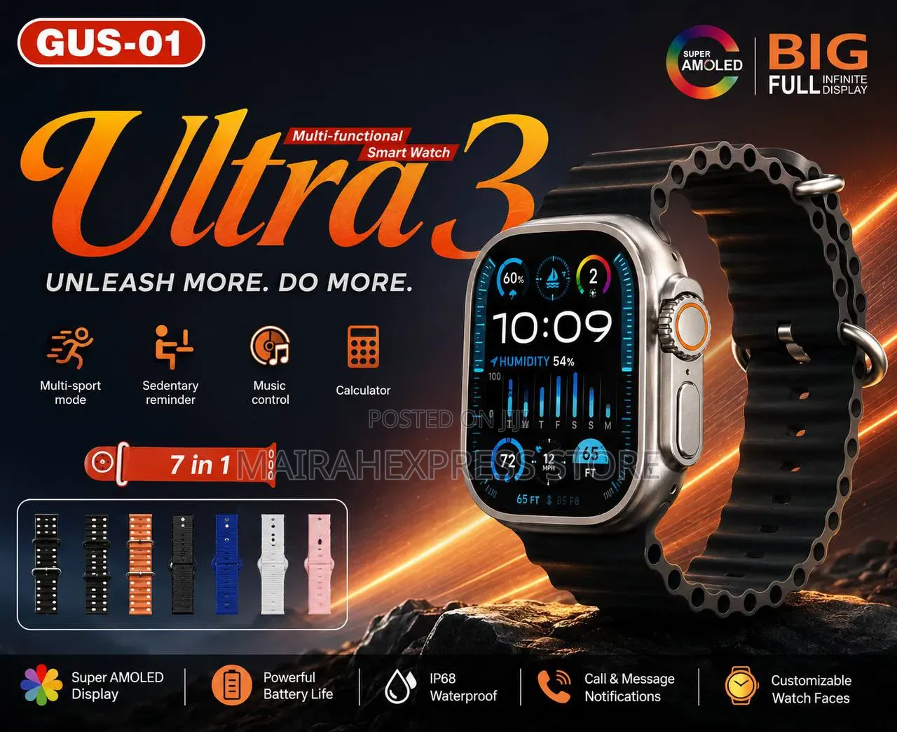 Gus-01 Ultra 3 Multifunctional Smartwatch (7-in-1 Strap Set) HML