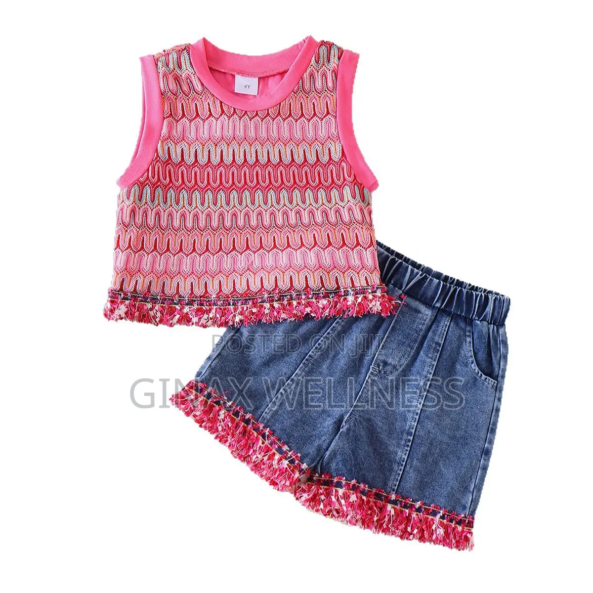 Pink Textured Sleeveless Top With Jeans Shorts Set for Girls
