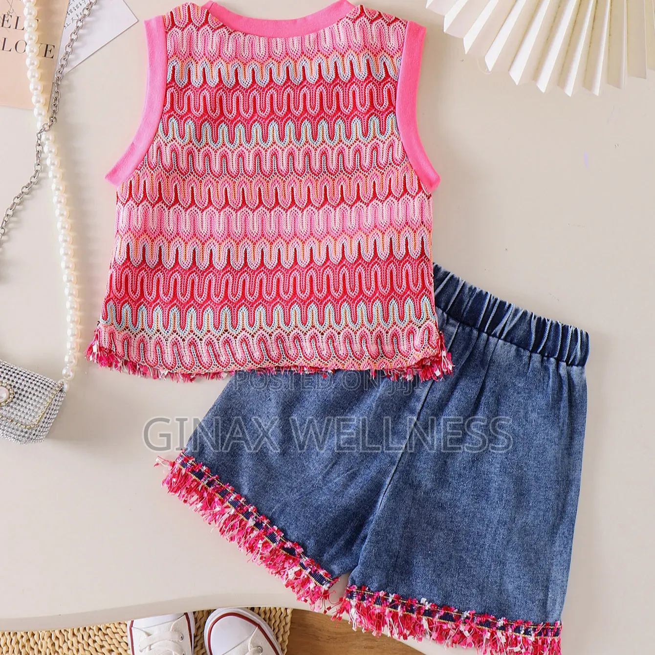 Pink Textured Sleeveless Top With Jeans Shorts Set for Girls