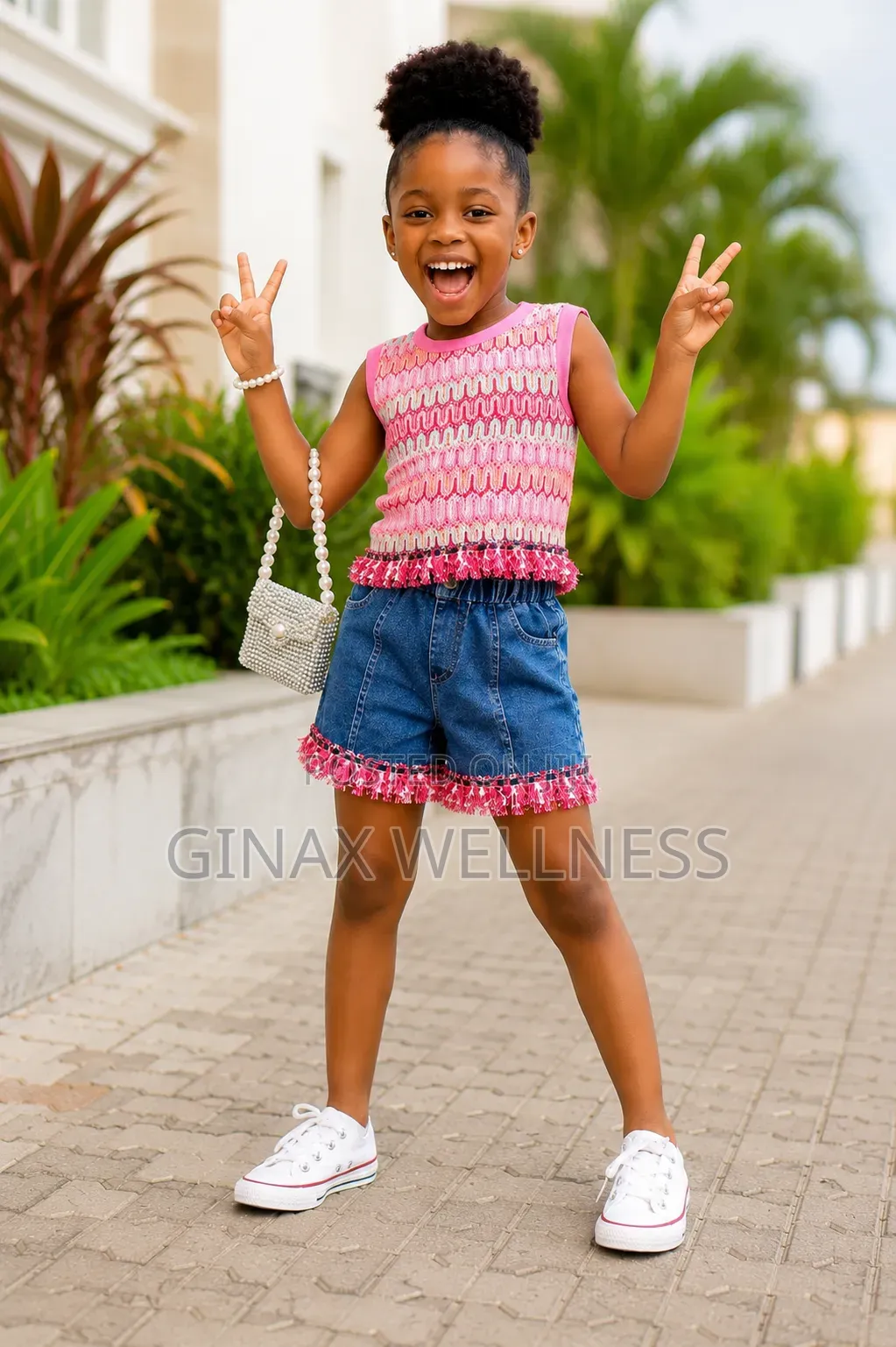 Pink Textured Sleeveless Top With Jeans Shorts Set for Girls