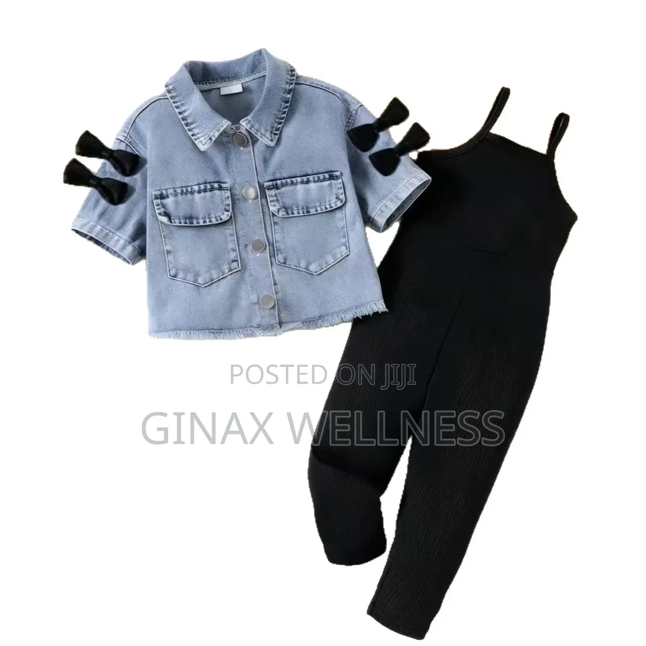 Denim Bow Jacket With Black Ribbed Jumpsuit Set for Girls